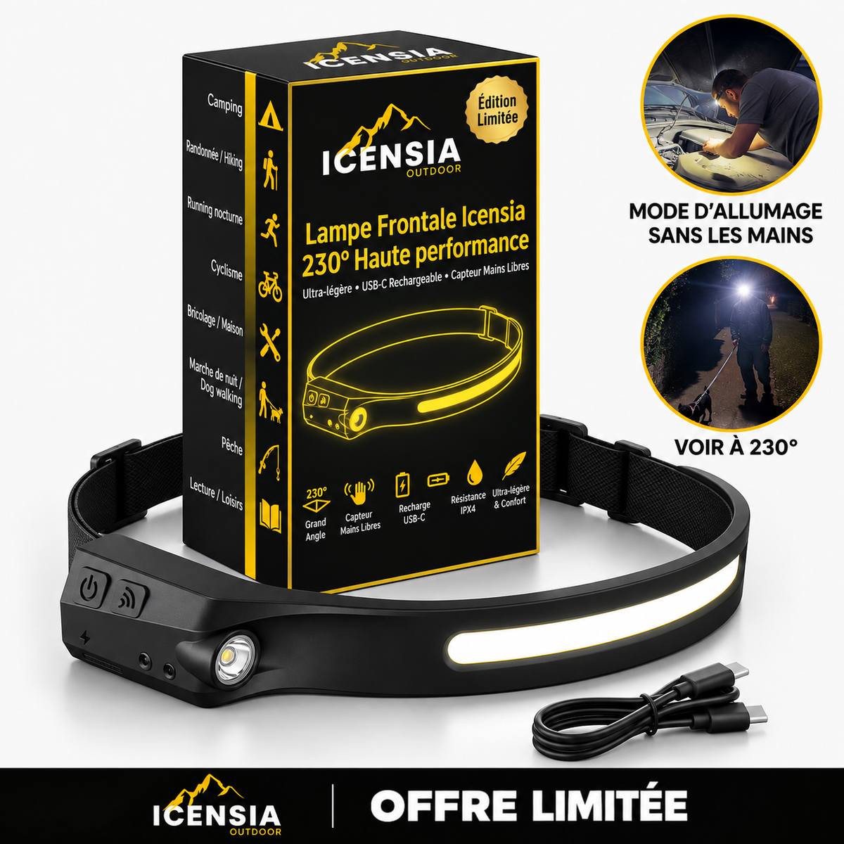 Lampe frontale 230° haute performance